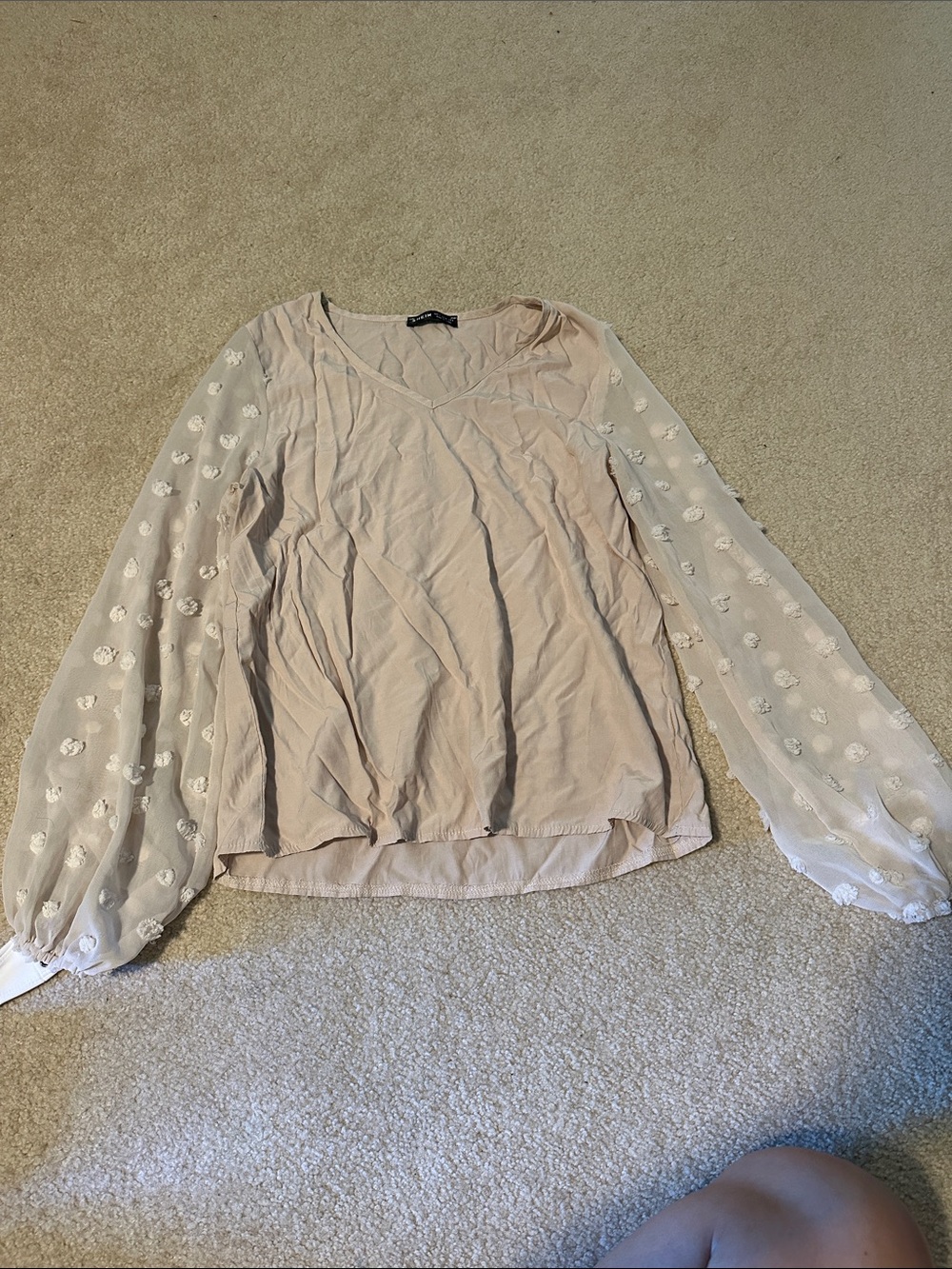 SHEIN Blush Pink V-Neck Blouse with Sheer Polka-Dot Sleeves
